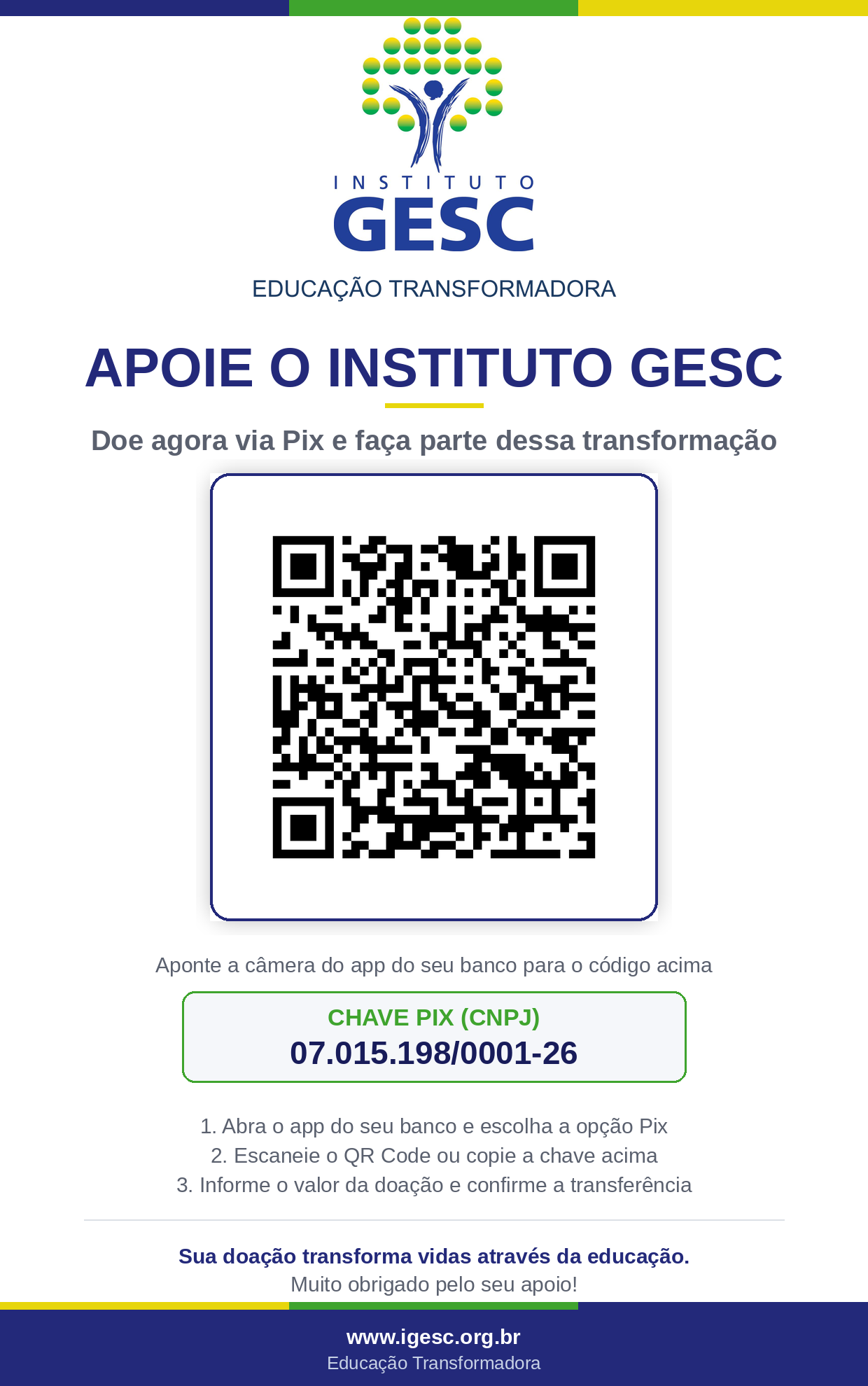 Arte de doação ao Instituto GESC com QR Code e chave Pix CNPJ 07.015.198/0001-26